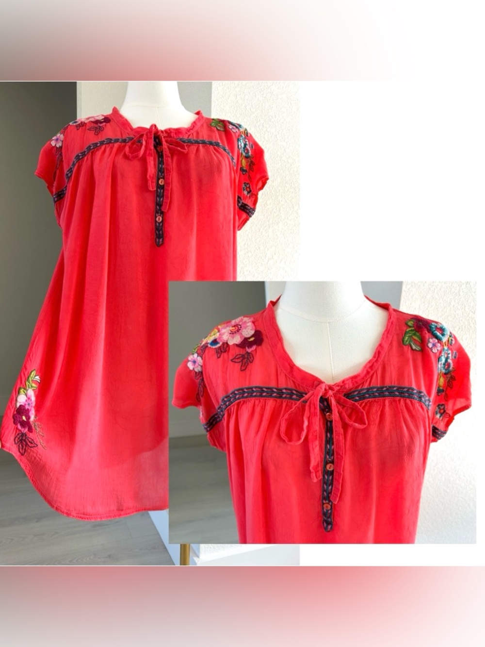 Johnny Was Bohemian Coral Embroidered Cupra Rayon Tunic Top Womens XS/S